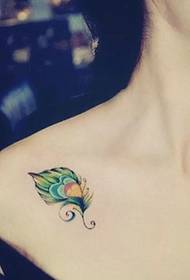girl's color feather tattoo pattern under the clavicle