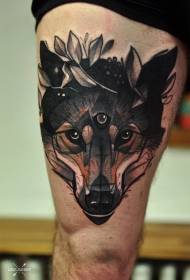 old school colored thigh wolf with mysterious eye tattoo pattern