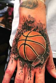 Sports men's back with a basketball tattoo is very realistic