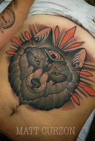 abdomen color mysterious three-eyed wolf head tattoo pattern