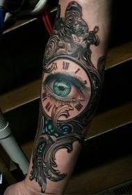 Ankle colored vintage clock with blue eye tattoo pattern