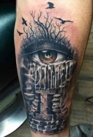 Small arm horror style colored eyes with flying bird tattoo pattern