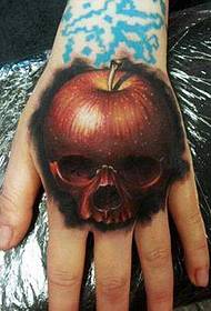 a personalized apple tattoo on the back of the hand
