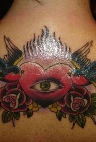 back love with eyes and rose swallow tattoo pattern
