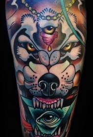 old school color mysterious wolf and eye tattoo pattern