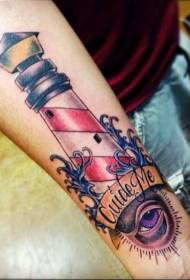 farol de braço com letras e padrão de tatuagem misteriosa olho