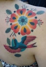 girls on the back painted painted simple lines plant flowers and bird tattoo pictures