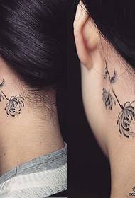 girls ear behind small fresh chrysanthemums Tattoo pattern