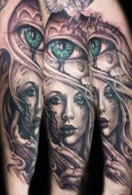 arm painted female portrait with green eye tattoo pattern