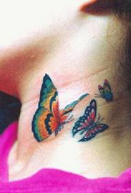 három gyönyörű látszó színes pillangó tetoválás kép a nyakán