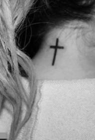 girls behind the neck black line classic simple cross tattoo picture