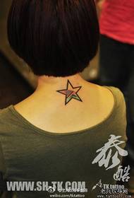 girl's back neck classic trend of colored five-pointed star tattoo pattern