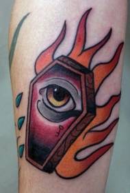 Colored small coffin and eye flame tattoo pattern