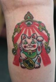 calf illustration style colored lucky cat and mysterious eye logo tattoo pattern