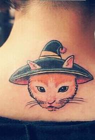 funny color cat tattoo picture on the back neck