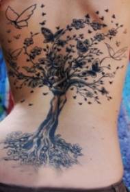 在女孩的背上的紋身樹枝黑灰色樹紋身圖片