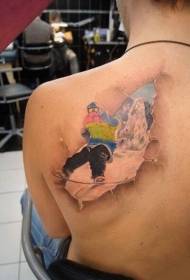 back 3d style skier painted tattoo pattern