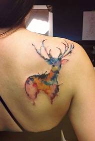 girl back watercolor splash fawn tattoo pattern