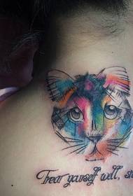 watercolor cat head with English back tattoo pattern