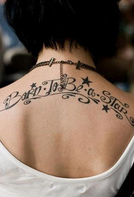 girl back flower stars and English alphabet tattoo pattern