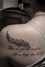 moteriškos nugaros juodos ir baltos plunksnos Anglų abėcėlės tatuiruotės modelis