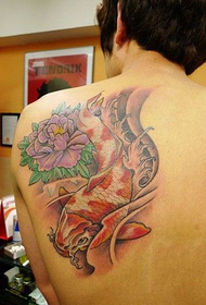 back shoulder traditional peony squid tattoo