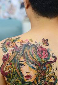 European and American style of the back female portrait tattoo pattern