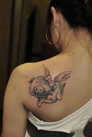 cute little flying pig back shoulder tattoo