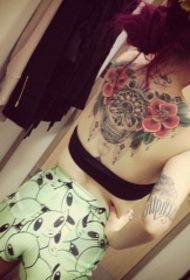 sexy beauty back skull floral tattoo pattern