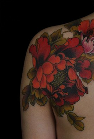 tradicionālais peonijas tetovējuma modelis sieviešu pleciem 94407 - aizmugurējais 3D spalvu tetovējuma modelis