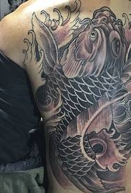 Lotus en inkvis gemengde rug tattoo patroon