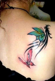 girl back shoulder flower butterfly tattoo work