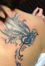 female back note bird tattoo pattern