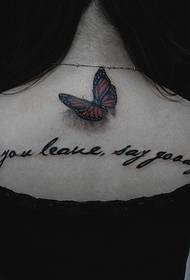 girl back butterfly and English word tattoo