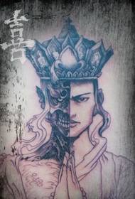Náboženská zadní polovina muže napůl ďábel černobílý rukopis tetování obrázek