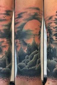 Swartgrys Cartoon Castle en Forest Arm Tattoo Patroon