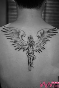 Europski i američki vjetrić anđeo crno-bijeli tetovaža na leđima 95136 - djevojka leđa dominirajuća crno-bijela tetovaža jednorog