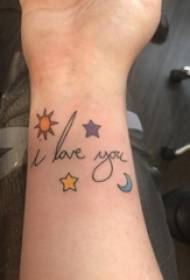 girls wrist painted geometric simple lines English and galaxy tattoo pictures