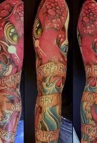 arm color big octopus with letter tattoo pattern