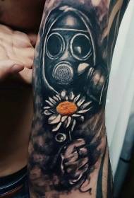 arm rare color gas mask and small flower tattoo