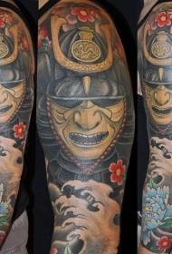 arm color Asian warrior mask with floral tattoo pattern