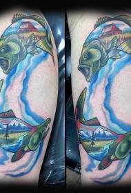 팔 조합 색상 두 물고기 문신 패턴