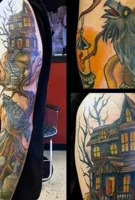 patró de tatuatge de corb de casa de color braç