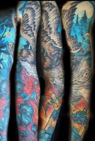 Arm gorgeous painted flying eagle forest flower tattoo pattern