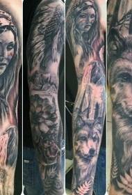 arm black and white Indian woman portrait and wolf tattoo pattern