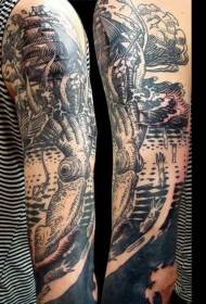 vintage black ocean big beast attack ship tattoo pattern