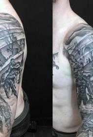 Βραχίονα μαύρο και άσπρο μοτίβο τατουάζ τρομακτικό τέρας καταστροφή