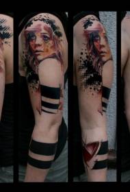 arm color female portrait and black armband tattoo pattern