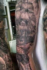 paže úžasná černá šedá pirátská loď se vzorem lebky tetování