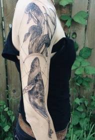 female arm engraving style black whale and mushroom tattoo pattern  97985 - arm engraving style black bat and flower tattoo pattern